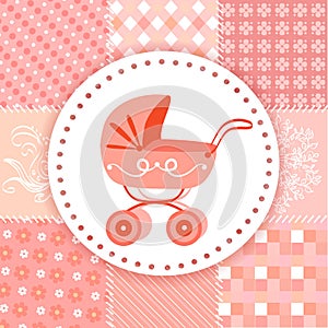 Baby pram on a patchwork background