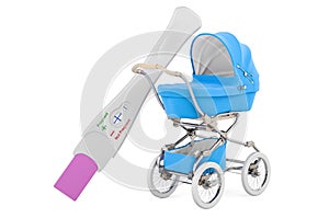 Baby pram with pregnancy test positive. Planning for pregnancy and childbirth, 3D rendering