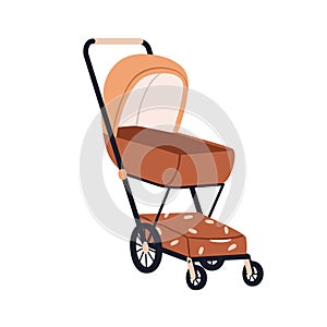 Baby pram. Stroller, buggy pushchair. Kids carriage with storage basket. Empty infants cradle with canopy, sunshade