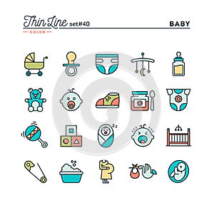 Baby, pregnancy, birth, toys and more, thin line color icons set