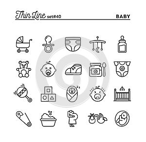 Baby, pregnancy, birth, toys and more, thin line icons set