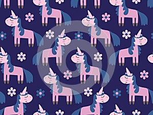 Baby print with magic pink unicorns. Pattern cute cartoon pony.