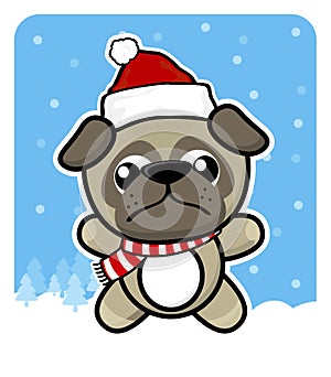 Baby pug dog with santa claus red hat