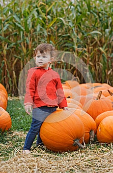 Baby with pumpkins on farm, Halloween