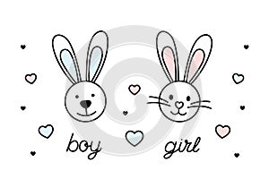 baby rabbit, bunny, girl or boy, baby announcement black line vector design elements on white background, baby shower