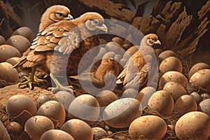 A of baby raptors emerging from a pile of eggs.. AI generation