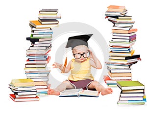 Baby Read Book in Graduation Hat and Glasses, Smart Child on White