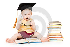 Baby Read Book in Graduation Hat and Glasses, Smart Child, White