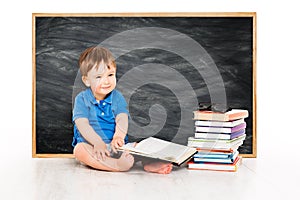 Baby Reading Book near Blackboard, Early Children Education, Kid