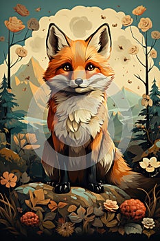 Baby red fox in cartoon style. Created with Generative AI