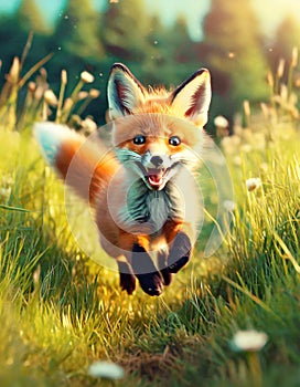 A baby red fox smiling and running through the meadow