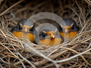 Baby Robins in Nest. A closeup of three baby robins in a nest, shallow depth of field, horizontal with copy space