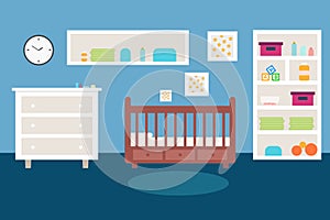 Baby room bedroom Child interior. Nursery . furniture and toys. Playroom for kid in flat style. Vector illustration
