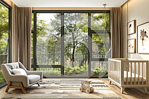 Baby room interior with crib and armchair, window and nature view