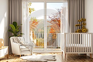 Baby room interior with crib and armchair, window and nature view