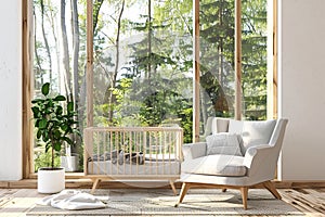 Baby room interior with crib and armchair, window and nature view