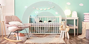 Baby room interior with crib. Banner design