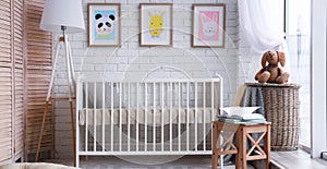 Baby room interior with crib. Banner design