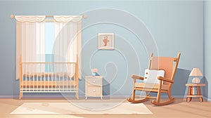 Baby room interior with crib and rocking chair near wall. Generative Ai