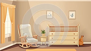 Baby room interior with crib and rocking chair near wall. Generative Ai