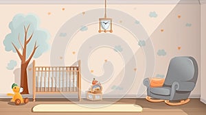 Baby room interior with crib and rocking chair near wall. Generative Ai
