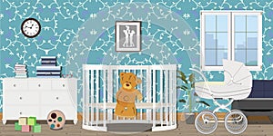 Baby room interior. Flat design. Baby room with a commode, toys, pram, window, baby cot. Children`s room.