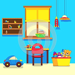 Baby room interior with window, work place and toys collection