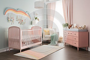 baby room with matching bedding, crib and dressers in cheery pastel shades