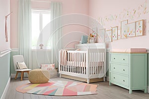 baby room with matching bedding, crib and dressers in cheery pastel shades