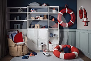 a baby room with a nautical theme, featuring blue and red accents and lifesavers on the shelves