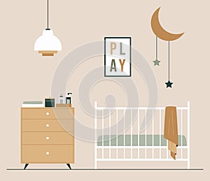 Baby room with poster, unisex white cot, lamp, chest. Nursery in Japandi or Scandinavian Style. Vector Interior background