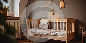 Baby Room With Soft Bedding. Kid Room With Wooden Crib And Hanging Star Decorations. Cozy Atmosphere. Generative AI