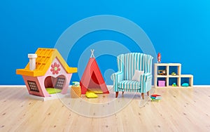 baby room tipi, children's house and armchair