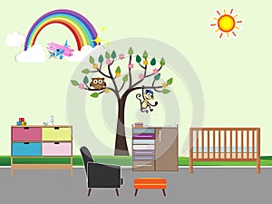 Baby room interior design vector illustration flat set photo