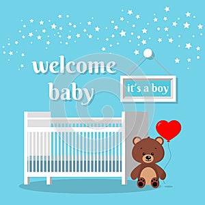 Baby room with white bed, sign, stars, brown teddy bear with red ballon and words