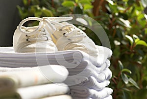 Baby's booties on floral background