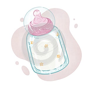 Baby`s dummy or pacifier with cap, milk bottle decorated with stars, baby food