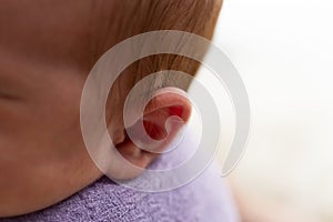 Baby`s ear in close up on a mat