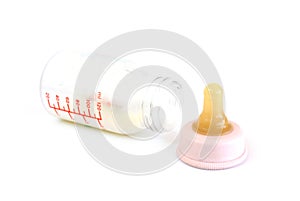 Baby's feeding bottle and a teat