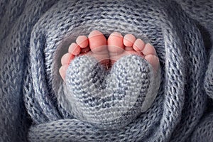 Baby's feet in a soft light blue woolen blanket. Small toes. Knitted heart in the baby's toes.