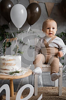Baby& x27;s first birthday, decorations with balloons and birthday cake, rustic minimalism style. Kid sitting on a high