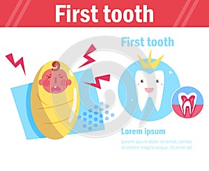 Baby`s first tooth Vector. Cartoon. Isolated art on white background. Flat