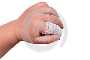 Baby s hand with a bandaged finger on a isolated white background, co