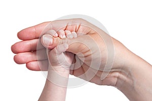 Baby's hand holding thumb of mother