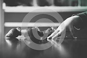 Baby s hand manipulating different fruits on a wooden table