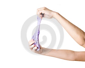 Baby`s hands stretch lilac lime isolated on white background.