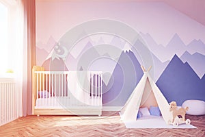 Baby`s room with a bed and tent, toned