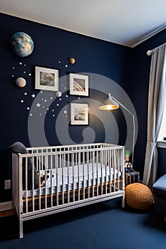 Baby's room with crib and lamp. Generative AI