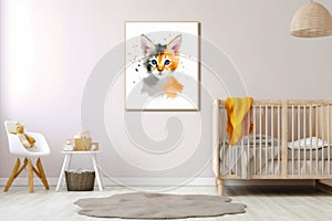 Baby's room with crib and painting of cat. Generative AI