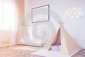 Baby`s room. Crib, tent, toned